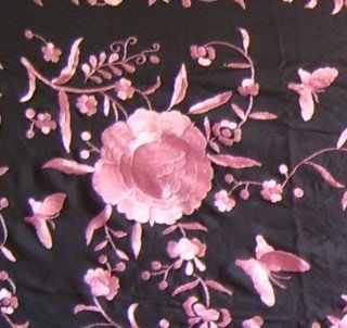 Silk Embroidery Piano Shawl: Black with Pink Flamenco Floral & Butterflies 63