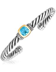 18K Yellow Gold and Sterling Silver Blue Topaz Open Cable Style Cuff Bangle