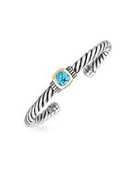 18K Yellow Gold and Sterling Silver Blue Topaz Open Cable Style Cuff Bangle