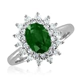 Natural Emerald and Diamond Engagement Ring in 18K White Gold Halo Ring (G, SI2, 1.55 cttw), 8x6mm, Certificate of Authenticity