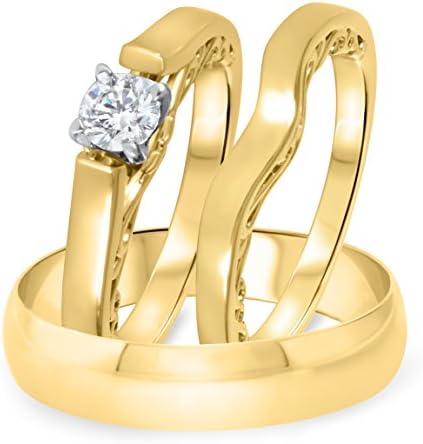 1/3 CT. T.W. Diamond Ladies Engagement Ring, Wedding Band, Men's Wedding Band Matching Set 14K Yellow Gold