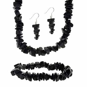 Sterling Silver Genuine Onyx stone Chip Earrings Bracelet Necklace Jewelry Set by 