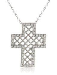 Sterling Silver Cubic Zirconia Squared Criss-Cross Filled Cross Pendant Necklace, 18"