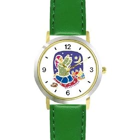 http://religiousjewelry.wordpress.com - Moslem or Muslim Woman in Prayer - WATCHBUDDY® DELUXE TWO-TONE THEME WATCH - Arabic Numbers - Green Leather Strap-Children Size-Small ( Boy Size & Girl Size )