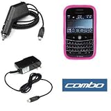 Hot Pink Silicone Skin Case Cover + Car Charger + Home Travel Charger for Blackberry Bold 9000 Smartphone