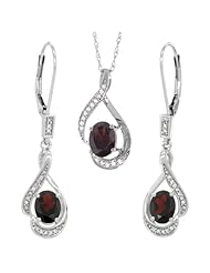 14K White Gold Natural Garnet Lever Back Earrings & Pendant Set Diamond Accent