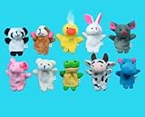 10 Pc Soft Plush Animal Finger Puppet Set includes Elephant, Panda, Duck, Rabbit, Frog, Mouse, Cow,