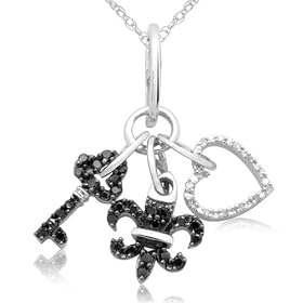 10k White Gold Black and White Diamond Fleur De Lis, Key, and Heart Charm Pendant (1/4... by 