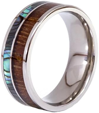 Titanium Ring Inlaid with Natural Koa Wood &amp; Abalone Shell | 8 mm Wide - Wedding,Engagement,Promise Ring