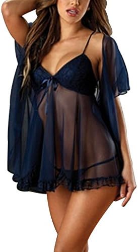 Bepety Women Sexy Lingerie 3 Pieces Chemises Lace Outfits Blue Nightwear Dress