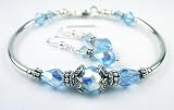 2 Piece Set:Aquamarine March Birthstone Bracelets: Handmade in .925 Sterling Silver with Swarovski Crystal Birthstones