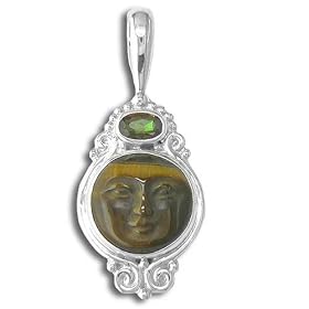 Sterling Silver African Tiger Eye Goddess Face w/ Mango Topaz Pendant by Sajen