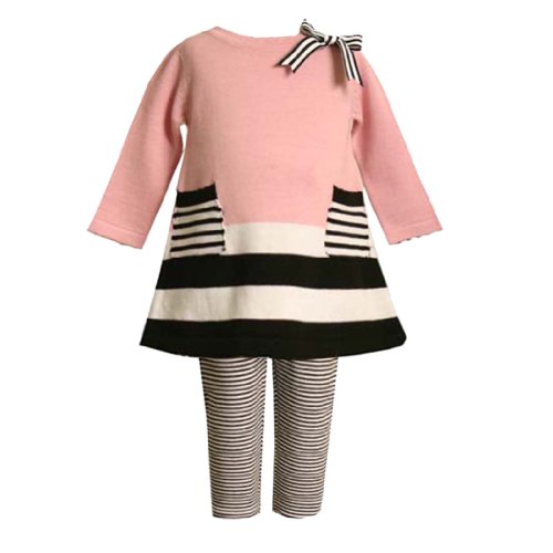 Bonnie Jean Baby/Infant 12M-24M 2-Piece PINK BLACK WHITE COLOR BLOCK STRIPE SWEATER-KNIT Party Dress/Leggings Outfit Set