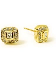 14K Yellow Gold Stud Earrings with Bezel and Pave Set Diamonds