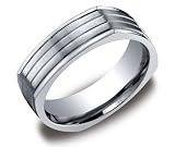 Men's Titanium 7mm Comfort Fit Four Sided Wedding Ring Band Satin Finish with High Polished Grooves, Size 10.5