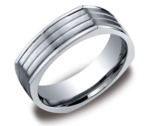 Mens Titanium 7mm Comfort Fit Four Sided Wedding Ring Band Satin Finish with High Polished Grooves, Size 11.5