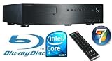 HTPCIntelBluray-506 w7 Intel Core i3-550 2x 3,2GHz 4GB DDR3 (2x 2GB) Gigabyte H55M-D2H mit Intel-H55-Chipsatz (1x PS/2, 1x VGA, 1x DVI-D Port, 1x HDMI Port, 1x Optical SPDIF, 8x USB2.0, 1x RJ-45 LAN, 6x HD Audio Jack) 500GB Sata2 Bluray-Combo (BR-Lesen/DVD-Brennen) Slim-HTPC-Gehäuse in Schwarz aus gebürstetem Aluminium mit Front-USB/Audio/Multimediatasten und Fernbedienung (34.30 cm x 42.00 cm x 10.30 cm) DER SUPERLEISE BLURAY-WOHNZIMMER-PC MIT WINDOWS7 HOME-PREMIUM 64BIT