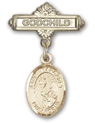 Gold Filled Baby Badge with St. Margaret Mary Alacoque Charm and Godchild Badge Pin