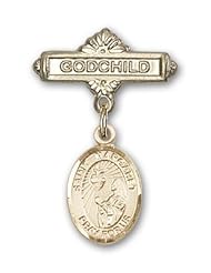 14K Gold Baby Badge with St. Margaret Mary Alacoque Charm and Godchild Badge Pin