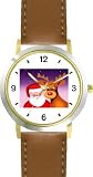 Santa Claus & Red Nose Reindeer or Deer (Rudolf or Rudolph) - Christmas Theme - JP - WATCHBUDDY&reg; DELUXE TWO-TONE THEME WATCH - Arabic Numbers - Brown Leather Strap-Size-Women's Size-Small