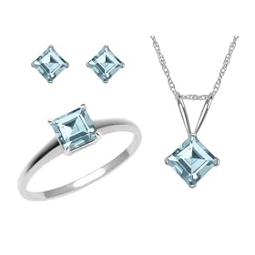 10k White Gold, March Birthstone, Aquamarine Ring, Pendant and Earrings Set,... by