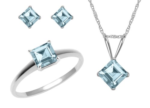 10k White Gold, March Birthstone, Aquamarine Ring, Pendant and Earrings Set, Ring, Size 7