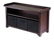 Winsome Milan Walnut Storage Bench with 3 Foldable Black Fabric Baskets