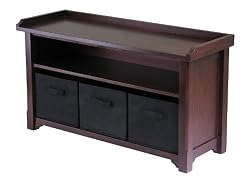 Winsome Milan Walnut Storage Bench with 3 Foldable Black Fabric Baskets