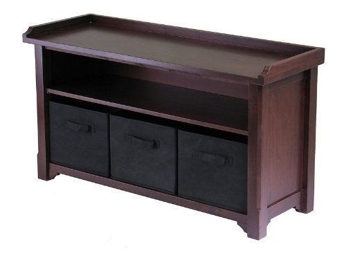 Entry Way Storage Bench with 3 Black Fabric Baskets