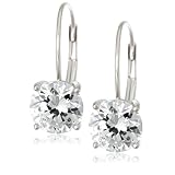 Platinum Plated Sterling Silver 6.5 mm Round Cubic Zirconia Lever Back Earrings