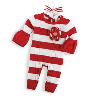 Red & White Stripe Sweater Romper with Bell Sleeves and a Flower Accent