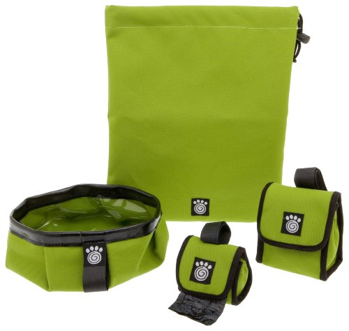Petrageous Designs Pet Travel Kit (Pouch, Goody Bag, Pet Bowl) Green