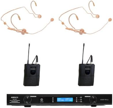 Awisco UHF 2 Channel Wireless Microphone System with Detachable Dual-Sided Earhook Mini Headset (822B637D)