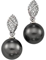 14K White Gold Tahitian Cultured Near Round Dark Grey "A" Quality Pearl and Diamond Earrings -- LIFETIME WARRANTY