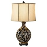 Hand Painted Porcelain One Light Table Lamp in Glossy Black/Golden Floral Pattern
