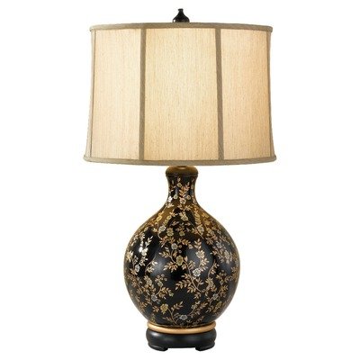 Hand Painted Porcelain One Light Table Lamp in Glossy Black/Golden Floral Pattern