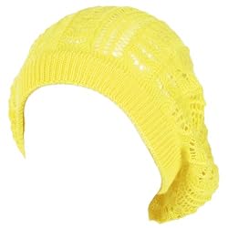 New Light Crochet knit Vented Beret tam slouch beanie hat cap, Bright Yellow