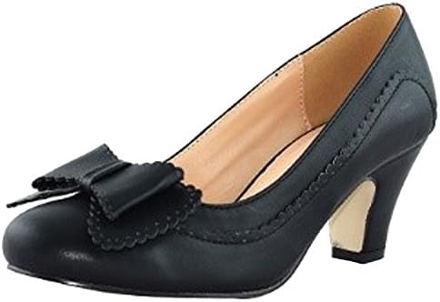 Chase &amp; Chloe Women's Mina-8 Leather Bow Mid Heel Dress Pumps (6 B(M) US, Black)