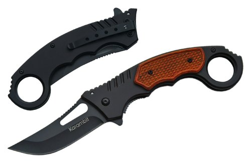 Karambit - Couteau pliant manche bois lame curve inox Black mat 440 - Ouverture rapide assiste #YC480