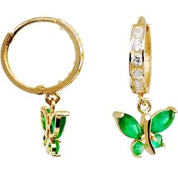 14K Yellow Gold Emerald CZ Butterfly Huggy Earrings