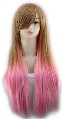 Fashion Overhead New Two Tone inclined bang brown Long Straight Highlights Hair Wigs Pink