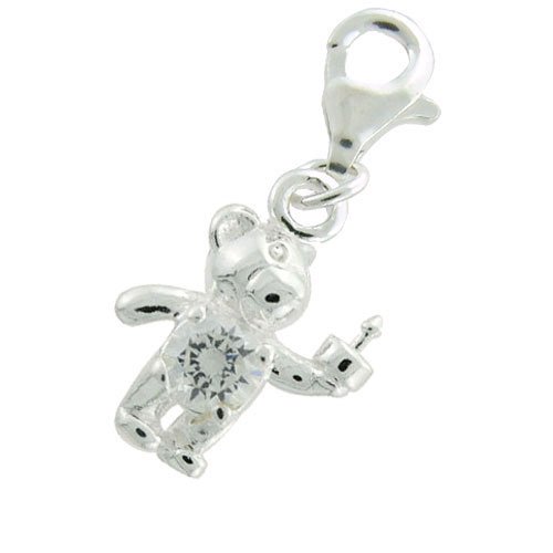 Sterling Silver Teddy Bear with April Birthstone Clear Cubic Zirconia