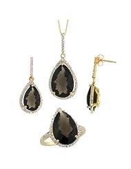 10k Gold Teardrop Dangle Earrings (26mm tall), Ring (17mm wide) & 18 in. Necklace SET, w/ Brilliant Cut Diamonds & Pear Cut Smoky Topaz Stones; Ring Size 6.5