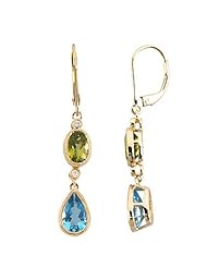 14K Yellow Gold Peridot, Swiss Blue Topaz and Diamond Earrings -- LIFETIME WARRANTY
