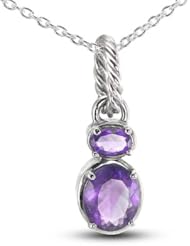 Rhodium Plated, Rope Silver Pendant With Two Prong Set Oval Cut Natural Amethyst Stones