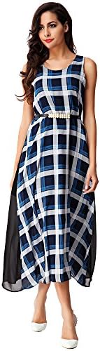 FAIRDLS Women's Bohemian Sleeveless Printed Chiffon Maxi Beach Dress with Belt (S, Check)