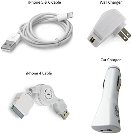 High Quality Car & Travel Charging Set for iPhone 6, iPhone Plus , iPhone 5 5C 5S, iPone 4, iPad 4, iPad Mini, iPod Touch 5/Nano 7, 8 pin to USB, With: (1) 30 Pin cable, (1) lightning cable,(1) Car charger, (1)Travel charger (white)