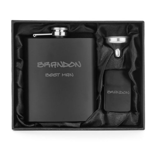 Engraved 7oz Matte Black Stainless Steel Hip Flask Funnel & Lighter Gift Box Custom Personalized