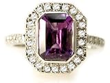 18K White Gold Emerald-Shape Amethyst Color Stone Ring, Surrounded by Pave Set Diamonds.