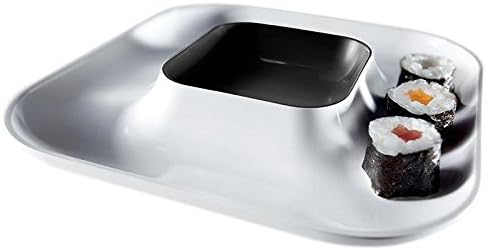 Mebel EN03-M02MV-BLA Square Plate for Appetizers and Dip White Base and Black Integrated Dip Bowl